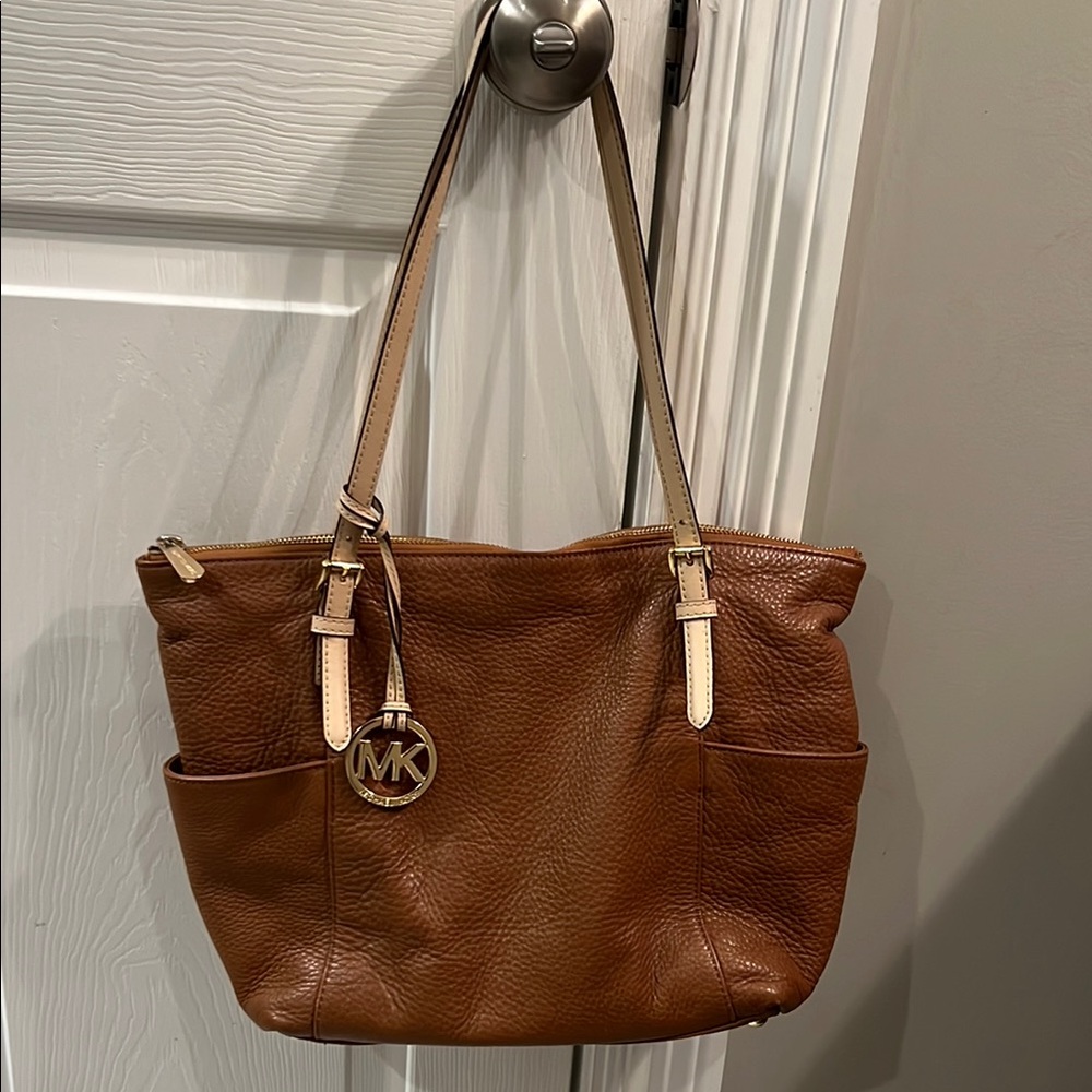 Michael Kors Brown Leather Shoulder Bag with Gold-Tone Hardware